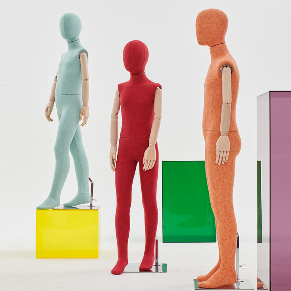 JELIMATE Kid Full Body Mannequin with Dajustable Wooden Arms | Linen-Wrapped Fiberglass Child Dress Form | 6 Poses & Colors
