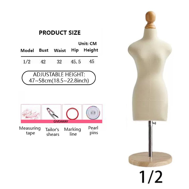 Maniquí de costura en miniatura para confección de patrones, de media escala, para mujer (1/2, 1/3 y 1/4)