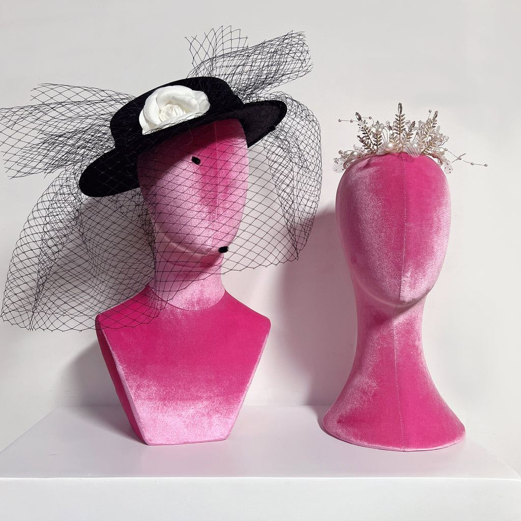 JELIMATE Fully Pinnable Female Mannequin Head Model,Luxury Pink Velvet Mannequin Head Dress Form,Headband Headphone Sunglasses Jewelry Wig Display Head Mannequin Hat Display Stand Manikin