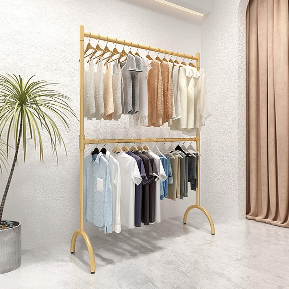Jelimate Standard Double Layers Poles Clothing Hanger Hanging Clothes Rack With Shelf,Boutique Store Children Kids Adult Clothing Display Rack,Stainless Steel Gold Clothing Rack Wall Metal Coat Rack