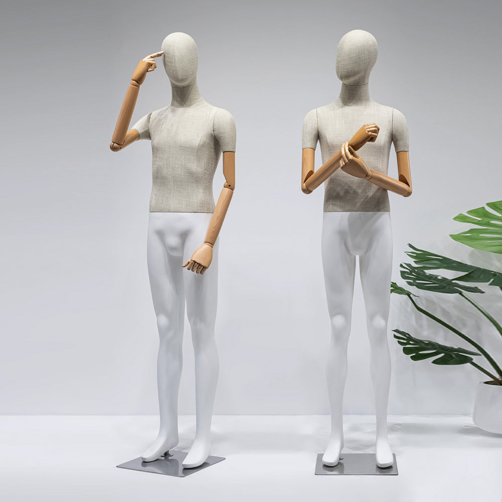 Jelimate High Quality Female Male Full Body Mannequin Dress Form,Upper Body Wrapped Bamboo Linen Fabric Bottom Leg Painting Matte White Dress Form With Wooden Arms