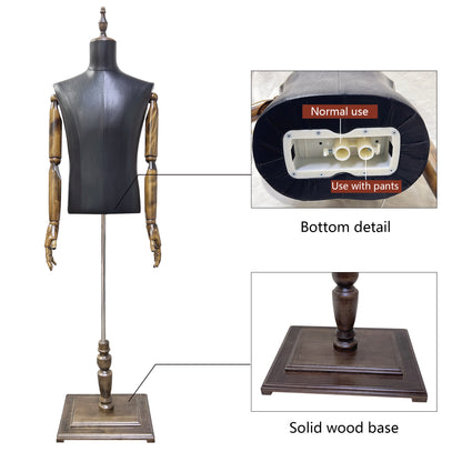 Professional Brown Male Mannequin Torso with Leather Finish - Half Body Display Form with Wooden Base for Retail Stores