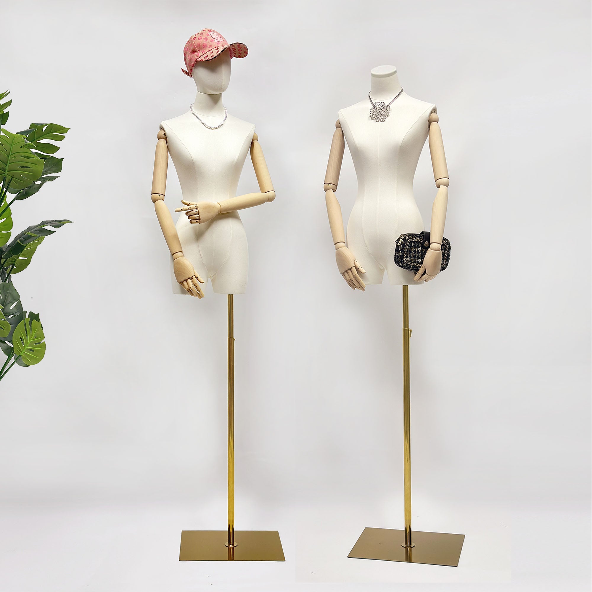 Fabric Mannequin Torso with Wooden Arms - Beige Bamboo Linen Female Display Form
