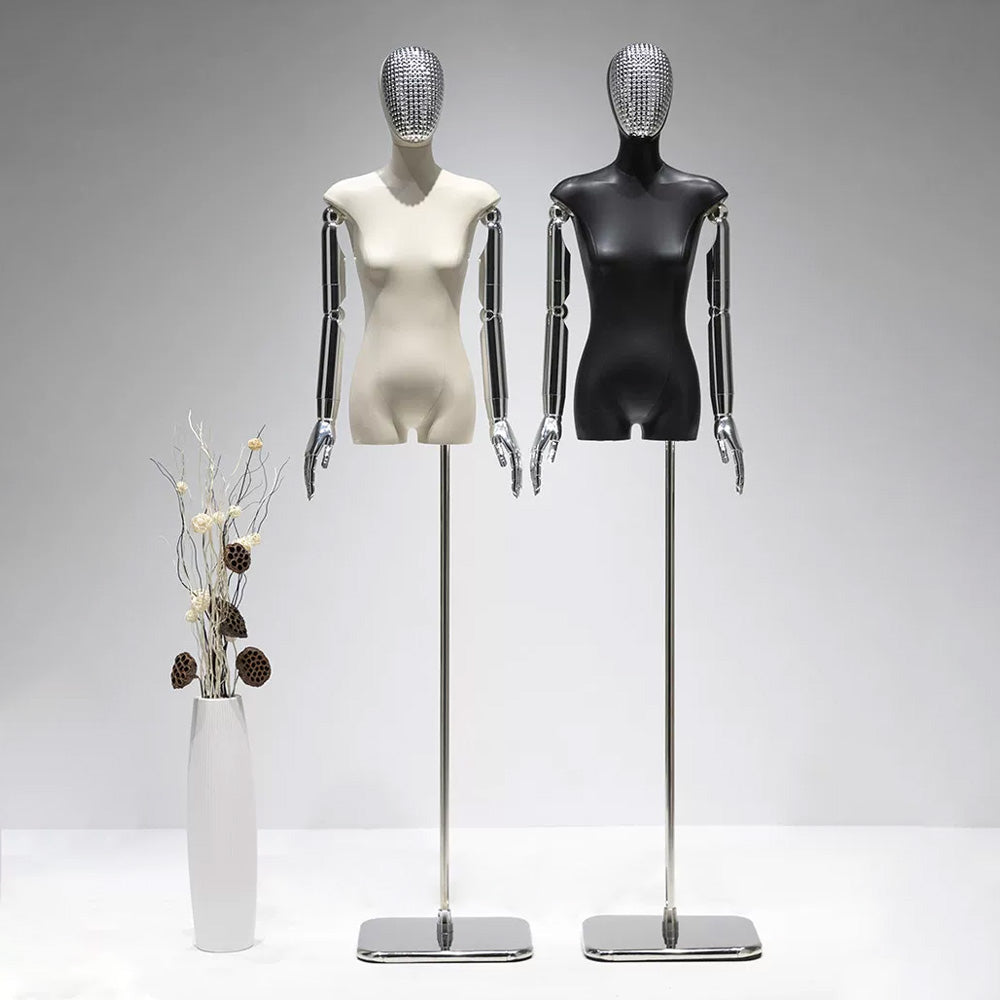 JELIMATE PU Leather Female Torso Mannequin with Poseable Arms for Boutique Window Display