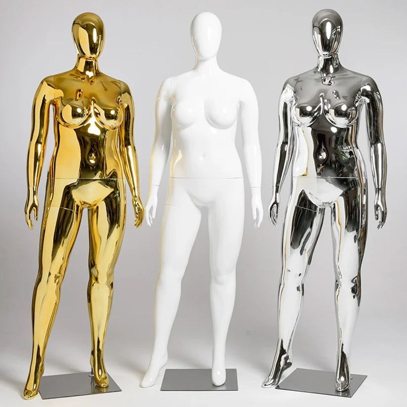 Maniquí femenino de lujo Jelimate con ventana dorada y plateada, con curvas y pechos grandes.