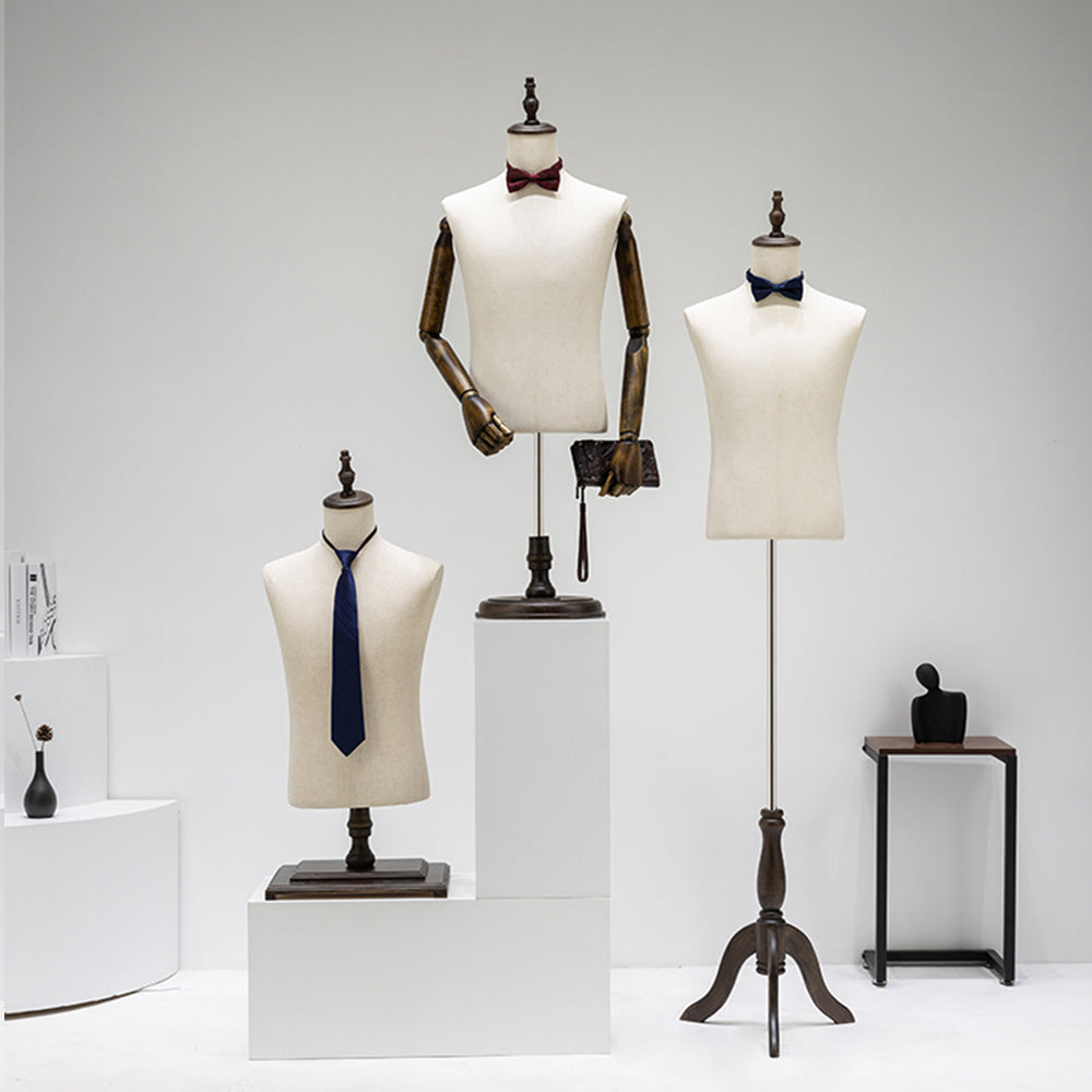 Male Half Body Mannequin with Wooden Arms - Professional Dress Form Torso for Retail Display