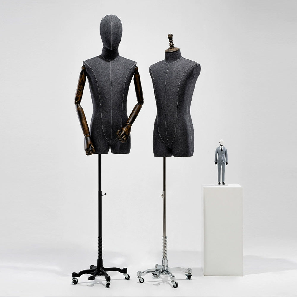 Jelimate Half Body Male Mannequin Torso with Wooden Arms & Head | Coffee Gray Black