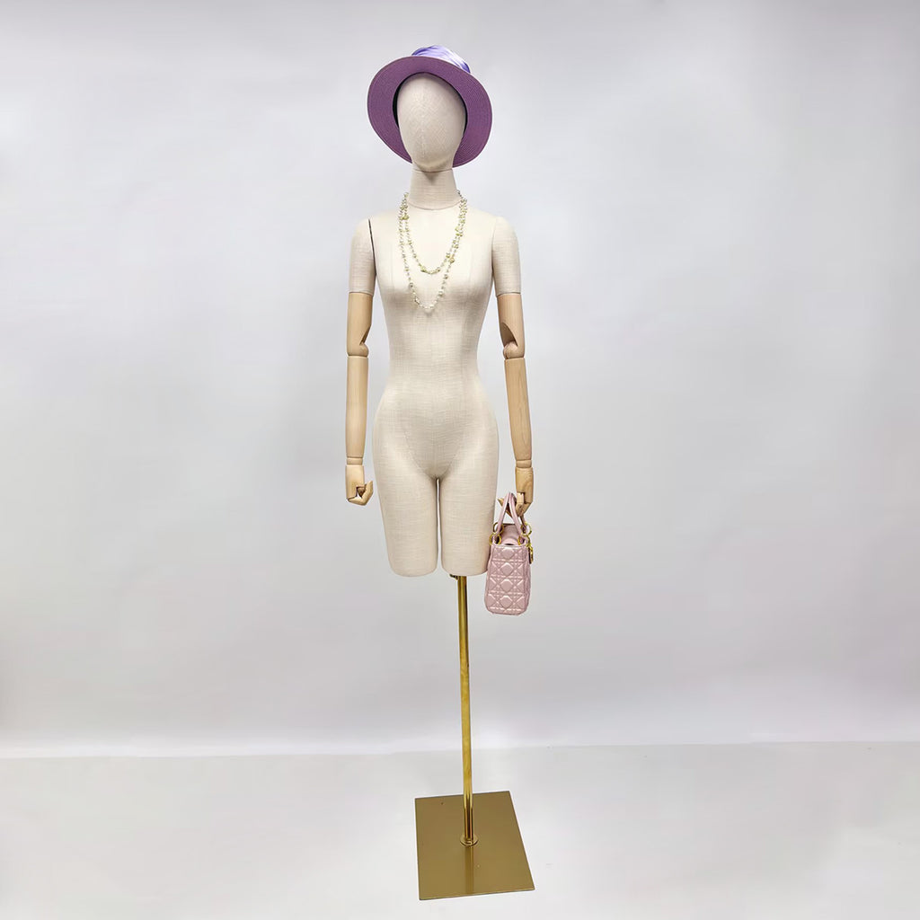 Jelimate Half Body Female Mannequin Torso With Base,Grey Linen Dress Form Manikin Body With Wooden Arms,Window Display Dress Form for Gowns,Clothing Display Model Wedding Evening Dress Mannequin