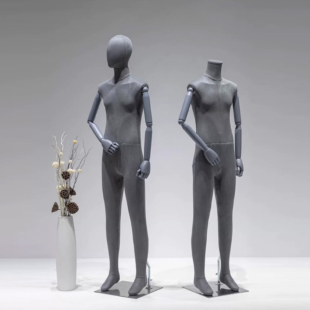 Fashion Full Body Adult Male Mannequin Torso Without/With Head,Grey Velvet Dress Form Model for Boutique Store Display,Manikin Torso with Wooden Arms