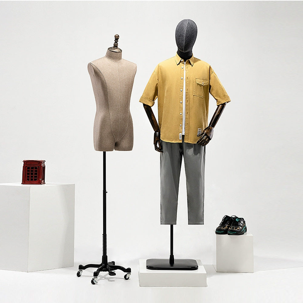 Jelimate Half Body Male Mannequin Torso with Wooden Arms & Head | Coffee Gray Black