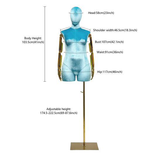 JELIMATE Luxury Plus Size Female Mannequin Torso with Gold Arms - Velvet Display Form