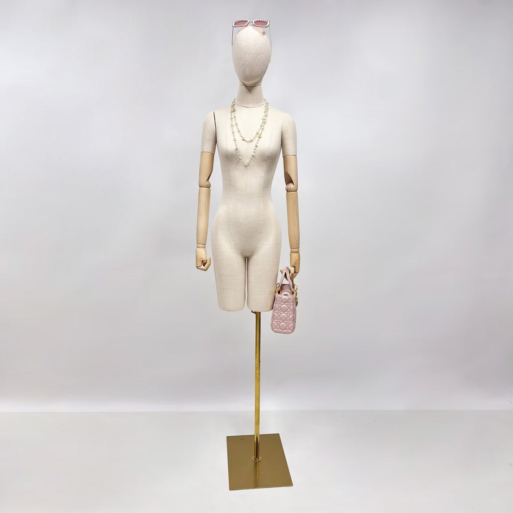 Jelimate Half Body Female Mannequin Torso With Base,Grey Linen Dress Form Manikin Body With Wooden Arms,Window Display Dress Form for Gowns,Clothing Display Model Wedding Evening Dress Mannequin