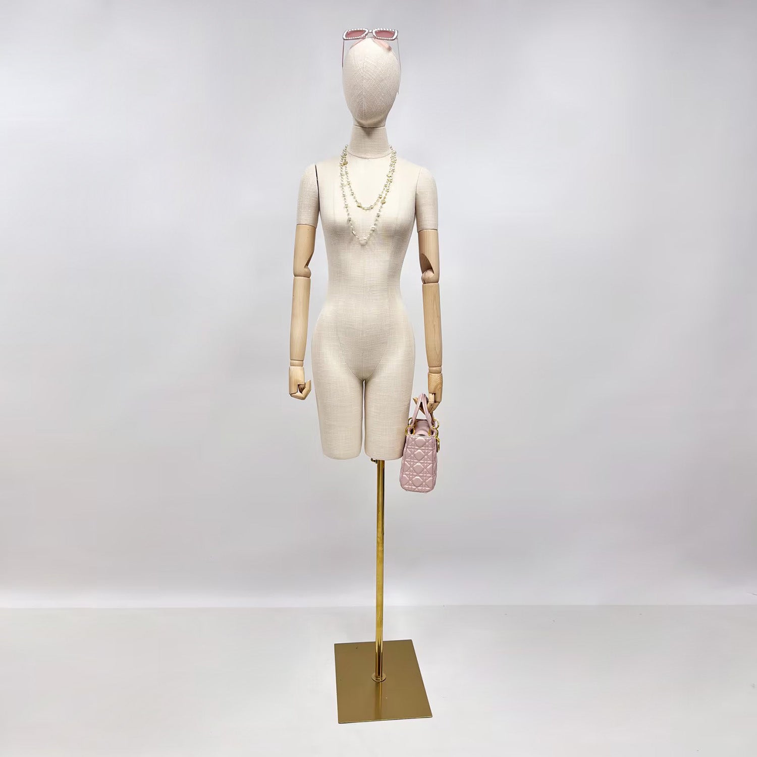 Jelimate Half Body Female Mannequin Torso With Base,Grey Linen Dress Form Manikin Body With Wooden Arms,Window Display Dress Form for Gowns,Clothing Display Model Wedding Evening Dress Mannequin