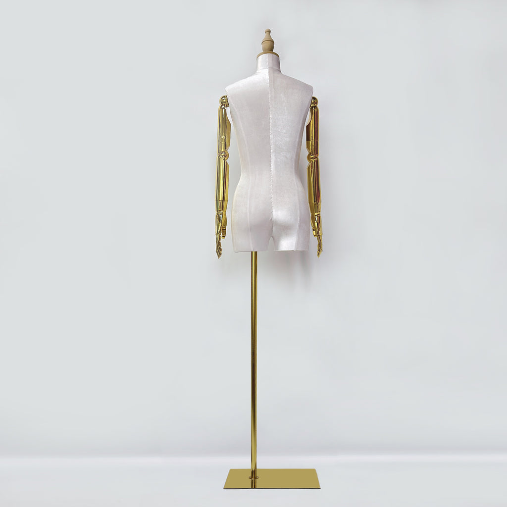 Jelimate High Quality Female Plus Size Mannequin With Gold Arms,Window Display Beige Pink Velvet Dress Form Torso,Women Clothing Store Clothing Display Model
