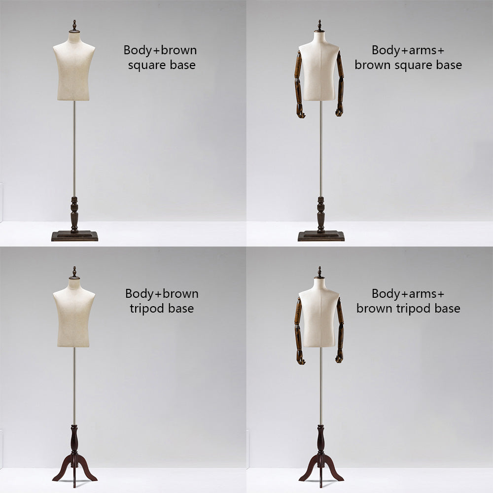 Male Half Body Mannequin with Wooden Arms - Professional Dress Form Torso for Retail Display