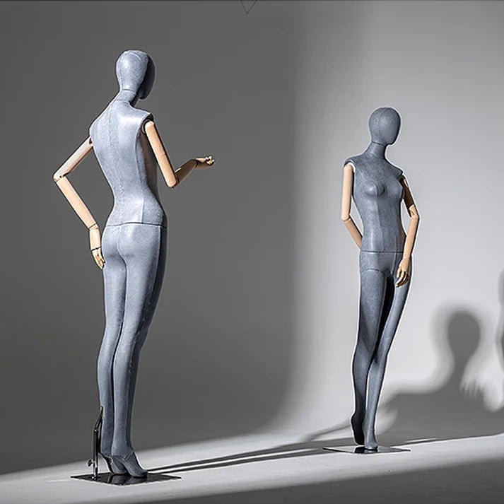JELIMATE Luxury Grey Suede Female Full Body Mannequin | Adjustable Wooden Arms