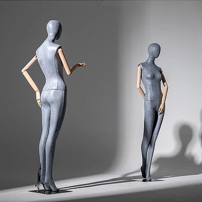 JELIMATE Luxury Grey Suede Female Full Body Mannequin | Adjustable Wooden Arms