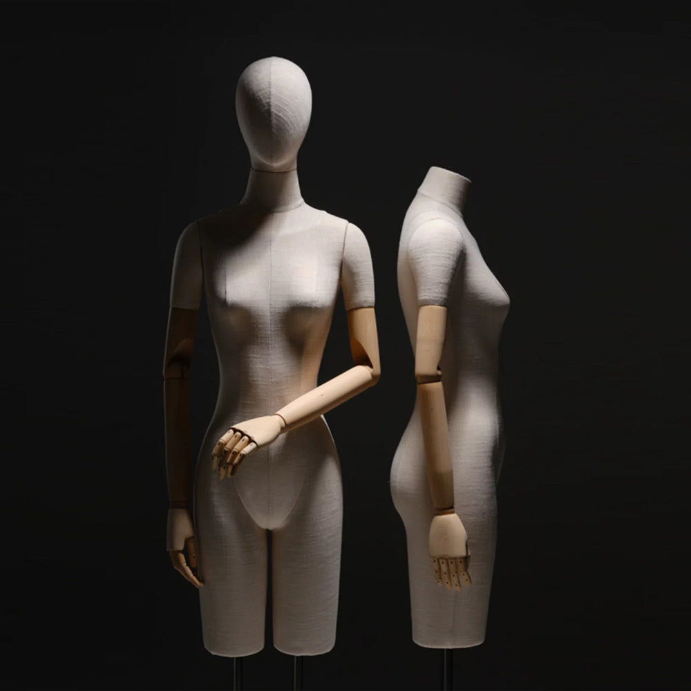 Jelimate Half Body Female Mannequin Torso With Base,Grey Linen Dress Form Manikin Body With Wooden Arms,Window Display Dress Form for Gowns,Clothing Display Model Wedding Evening Dress Mannequin