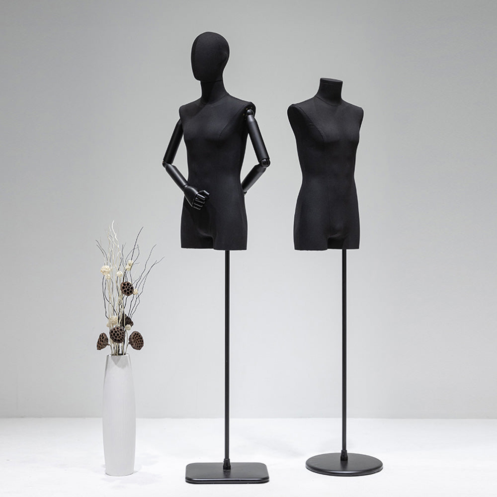 Maniquí masculino de medio cuerpo Jelimate de color negro con forma de torso, cabeza de maniquí envuelta en tela de lino, brazos de madera, modelo de exhibición de ropa con forma de torso para hombre