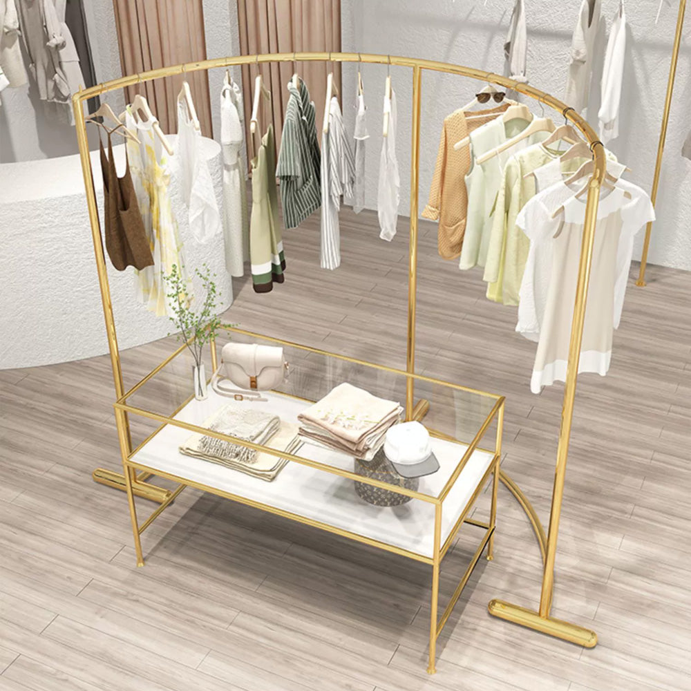 Jelimate High Quality Gold Display Shelf Furniture Stand Design for Garment Store Metal Clothing Display Rack Arc Clothing Display Stand Glass Desk Display Stand