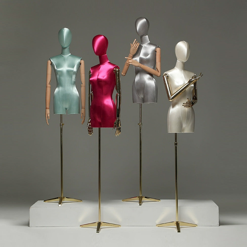 Jelimate Luxury Satin Half Body Female Mannequin Torso,Satin Dress Form Adjustable Women Clothing Display Model,Head Manikin Torso With Gold Arms