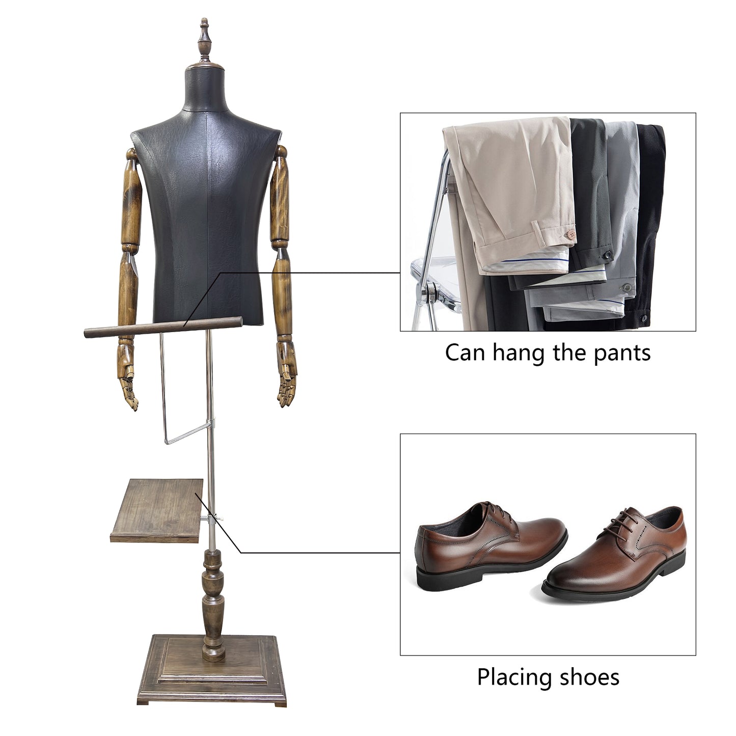 Professional Brown Male Mannequin Torso with Leather Finish - Half Body Display Form with Wooden Base for Retail Stores