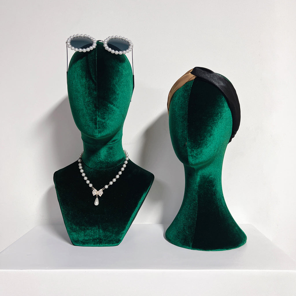 JELIMATE Luxurious Green Velvet Mannequin Head Model,Can Pinnable Cloth Mannequin Head Display Form Headband Stand,Female Head Mannequin For Wig Hat Jewelry Display Stand Sunglasses Holder Head Display Stand