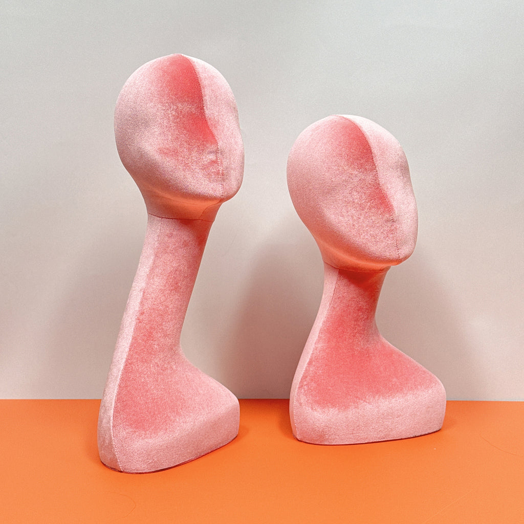 Jelimate Female Mannequin Head Dress Form Manikin,Long Neck Pink Velvet Mannequin Head for Wigs Jewelry Display Stand,Hat Display Head Mannequin Headphone Stand Sunglasses Display Holder