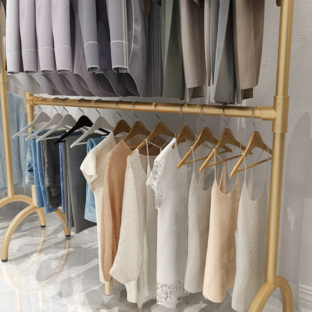 Jelimate Standard Double Layers Poles Clothing Hanger Hanging Clothes Rack With Shelf,Boutique Store Children Kids Adult Clothing Display Rack,Stainless Steel Gold Clothing Rack Wall Metal Coat Rack