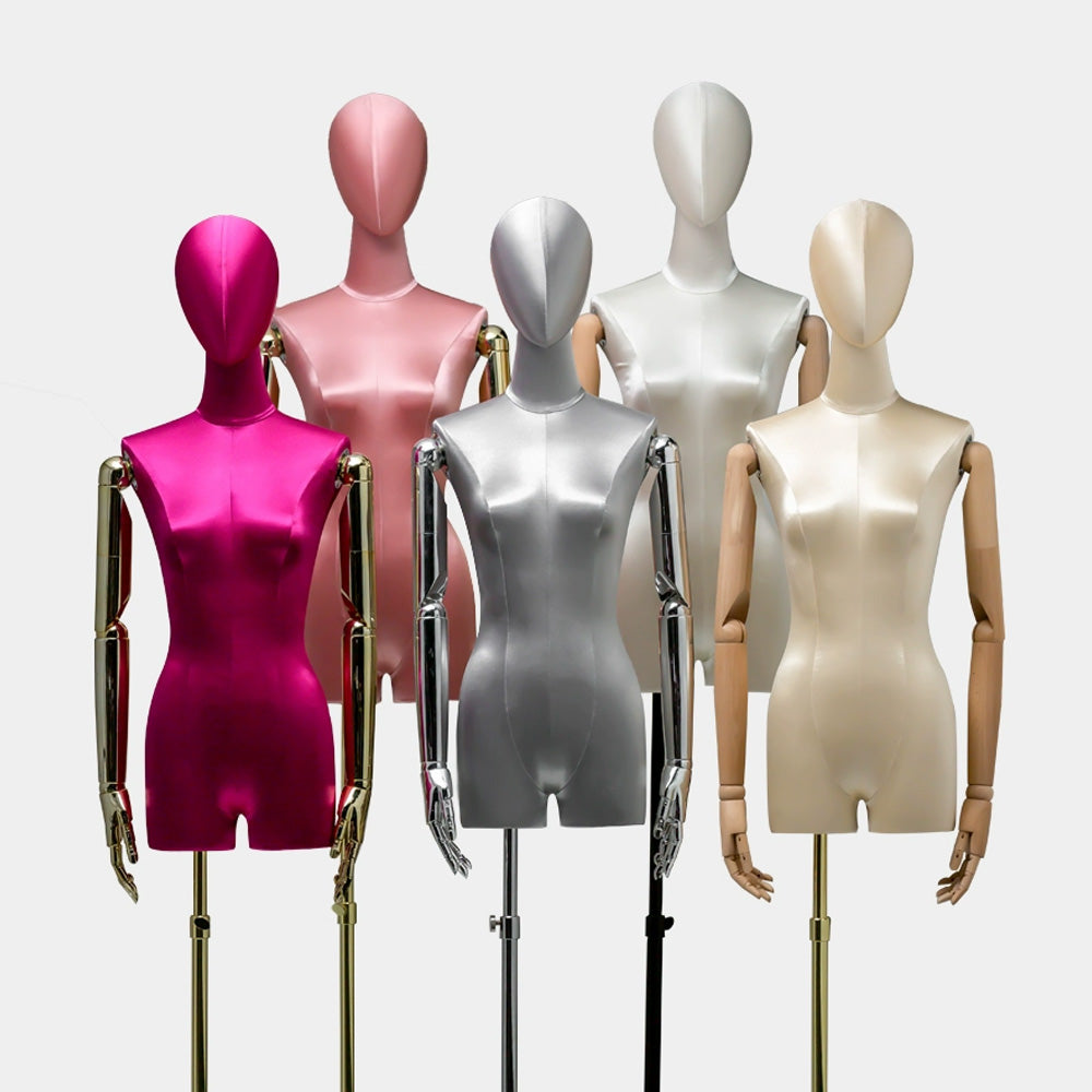 Jelimate Luxury Satin Half Body Female Mannequin Torso,Satin Dress Form Adjustable Women Clothing Display Model,Head Manikin Torso With Gold Arms