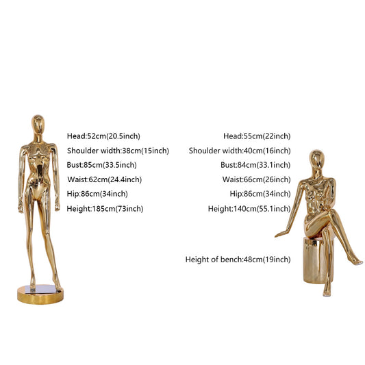 Gold Slim Plated Female Mannequin - Full Body Display | 6 Styles Available