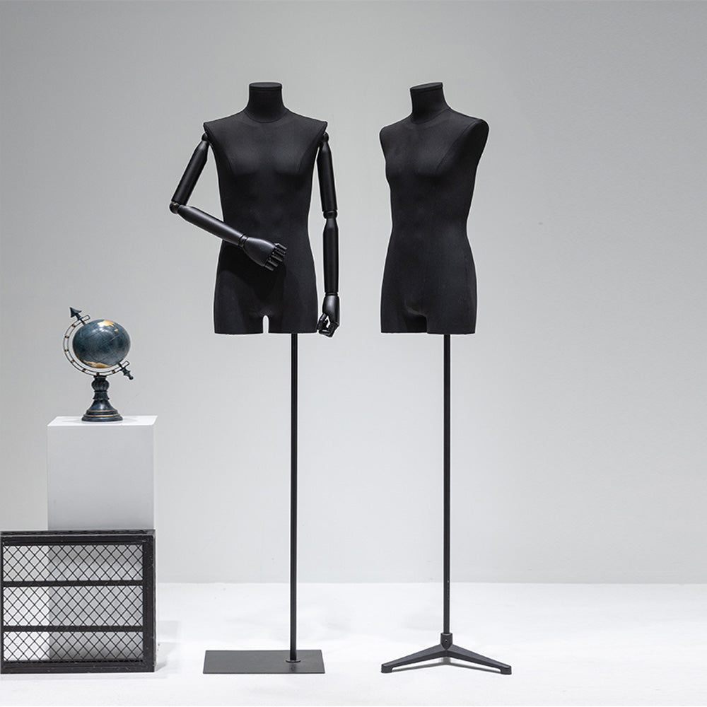Maniquí masculino de medio cuerpo Jelimate de color negro con forma de torso, cabeza de maniquí envuelta en tela de lino, brazos de madera, modelo de exhibición de ropa con forma de torso para hombre