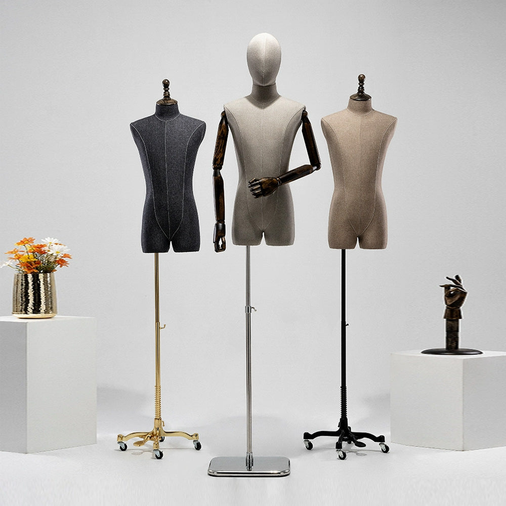 Jelimate Half Body Male Mannequin Torso with Wooden Arms & Head | Coffee Gray Black