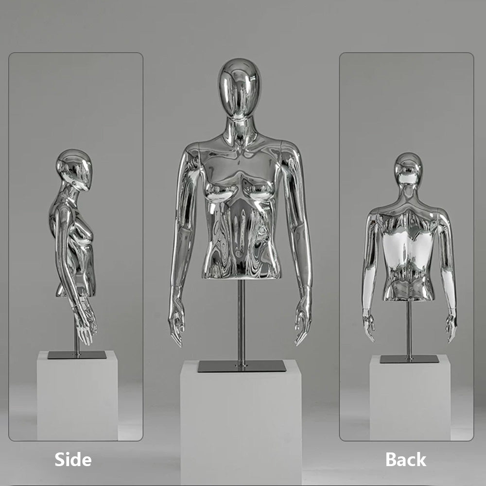 JELIMATE Silver Chrome Half Body Mannequin for Clothes | Male & Female Electroplated Torso