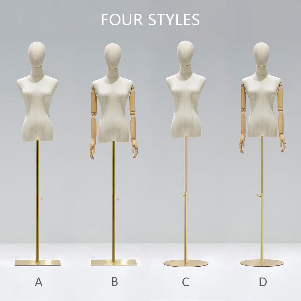 Jelimate Natural Canvas Female Mannequin Torso with Head | Adjustable Half Body Dress Form with Wooden Arms & Gold Base | Women Clothing Display Stand