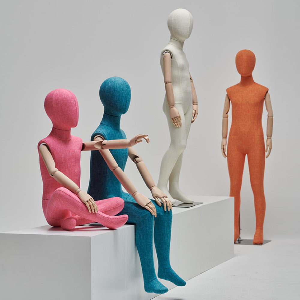 JELIMATE Kid Full Body Mannequin with Dajustable Wooden Arms | Linen-Wrapped Fiberglass Child Dress Form | 6 Poses & Colors