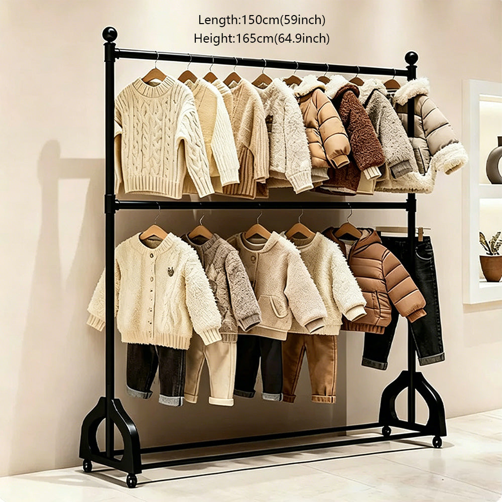 72.8" Double Rod Clothing Rack with Wheels | Heavy Duty Iron Garment Rack | JELIMATE
