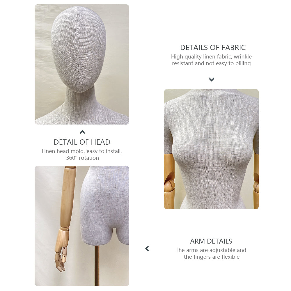 Adjustable Female Half-Body Mannequin with Linen Cover and Wooden Arms for Clothing Display