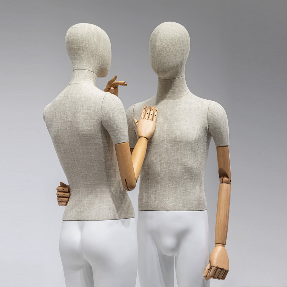 Jelimate High Quality Female Male Full Body Mannequin Dress Form,Upper Body Wrapped Bamboo Linen Fabric Bottom Leg Painting Matte White Dress Form With Wooden Arms