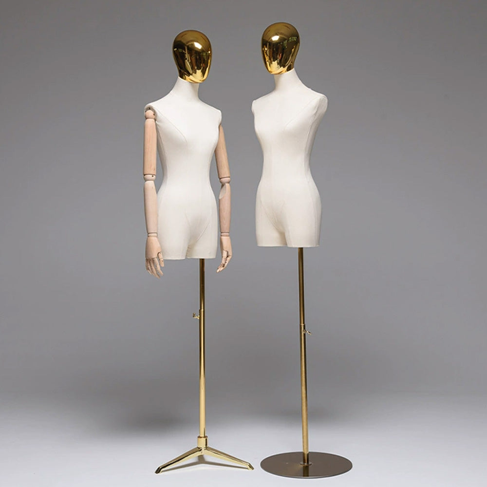 Jelimate Half Body Female Display Dress Form Torso,Linen Fabirc Wrapped Mannequin With Silver Gold Head,Beige Dress Form Clothing Display Model Props