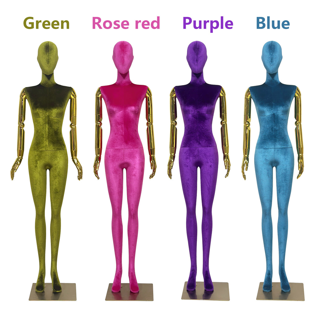 JELIMATE Velvet Female Mannequin Full Body with Gold Poseable Arms, Boutique Display