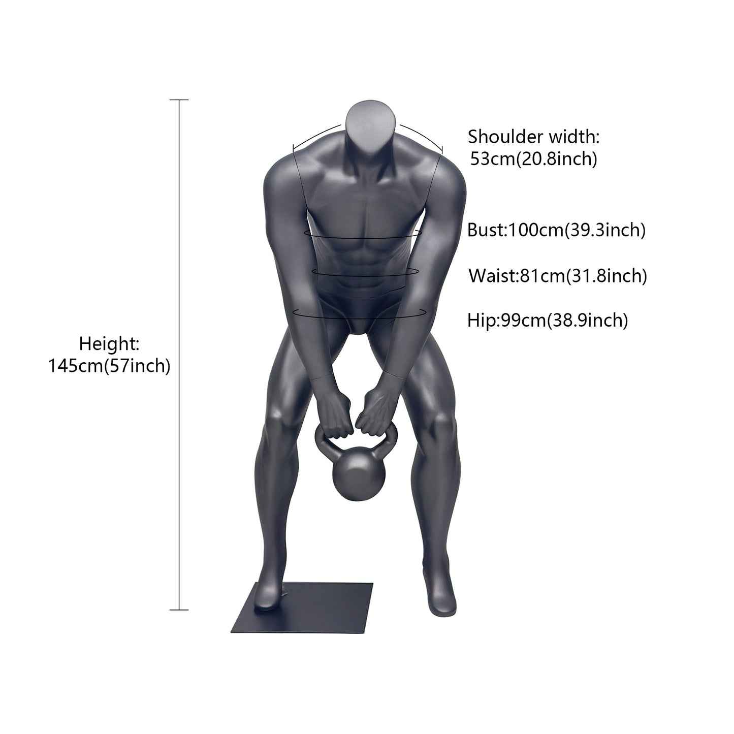 Athletic Kettlebell Pose Headless Male Mannequin - Full Body Sports Display for Gym & Retail