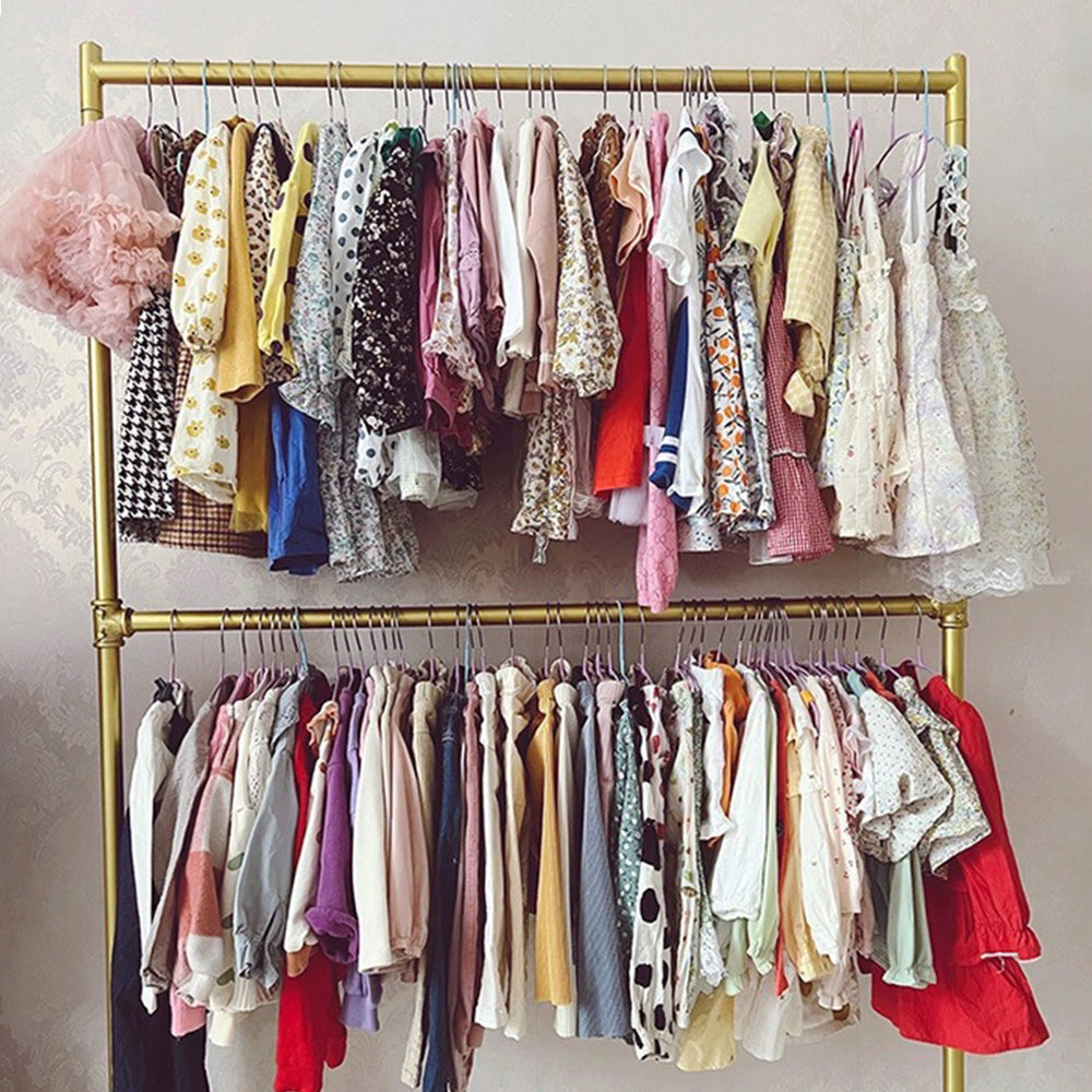 Jelimate Standard Double Layers Poles Clothing Hanger Hanging Clothes Rack With Shelf,Boutique Store Children Kids Adult Clothing Display Rack,Stainless Steel Gold Clothing Rack Wall Metal Coat Rack