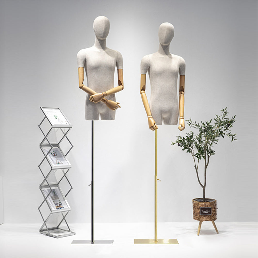 Adjustable Female Half-Body Mannequin with Linen Cover and Wooden Arms for Clothing Display