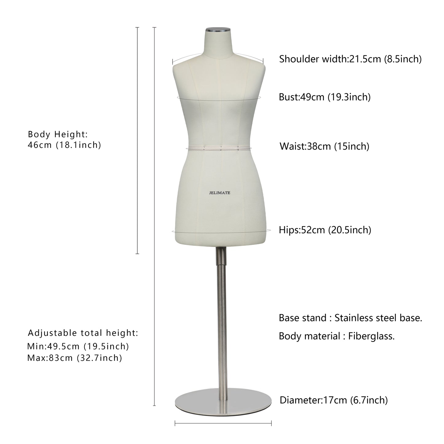 JELIMATE Half Scale Female Dress Form(Not Adult Full Size),1:2 Miniature Sewing Half Size Mannequin Not Fully Pinable Dressmaker Dummy,46cm Body Height Female Torso Tailor Model Size 12