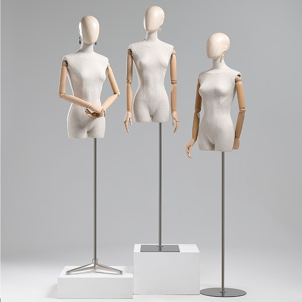 Torso de maniquí femenino de alta gama Jelimate con brazos de madera, maniquí de lino gris para exhibición de ropa, cabeza de maniquí de madera con orificio para aretes