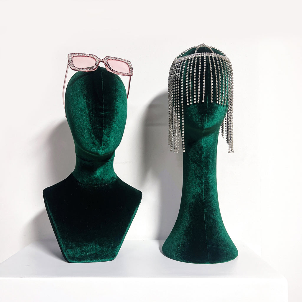 JELIMATE Luxurious Green Velvet Mannequin Head Model,Can Pinnable Cloth Mannequin Head Display Form Headband Stand,Female Head Mannequin For Wig Hat Jewelry Display Stand Sunglasses Holder Head Display Stand
