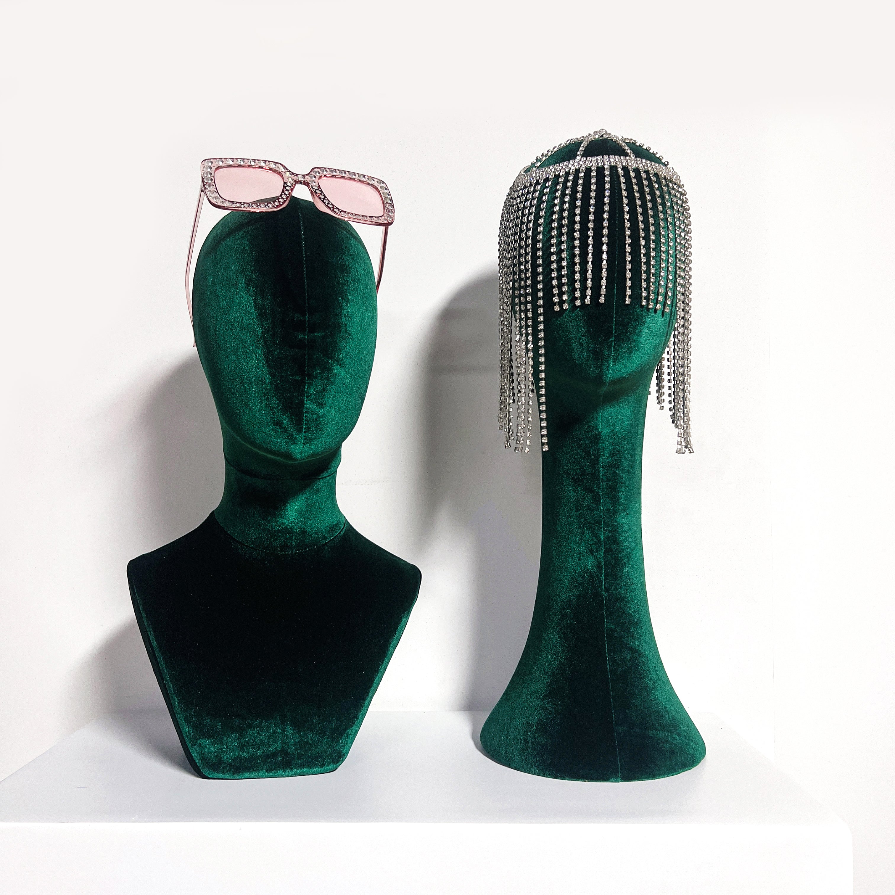 JELIMATE Luxurious Green Velvet Mannequin Head Model,Can Pinnable Cloth Mannequin Head Display Form Headband Stand,Female Head Mannequin For Wig Hat Jewelry Display Stand Sunglasses Holder Head Display Stand