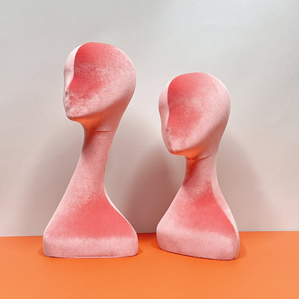 Jelimate Female Mannequin Head Dress Form Manikin,Long Neck Pink Velvet Mannequin Head for Wigs Jewelry Display Stand,Hat Display Head Mannequin Headphone Stand Sunglasses Display Holder