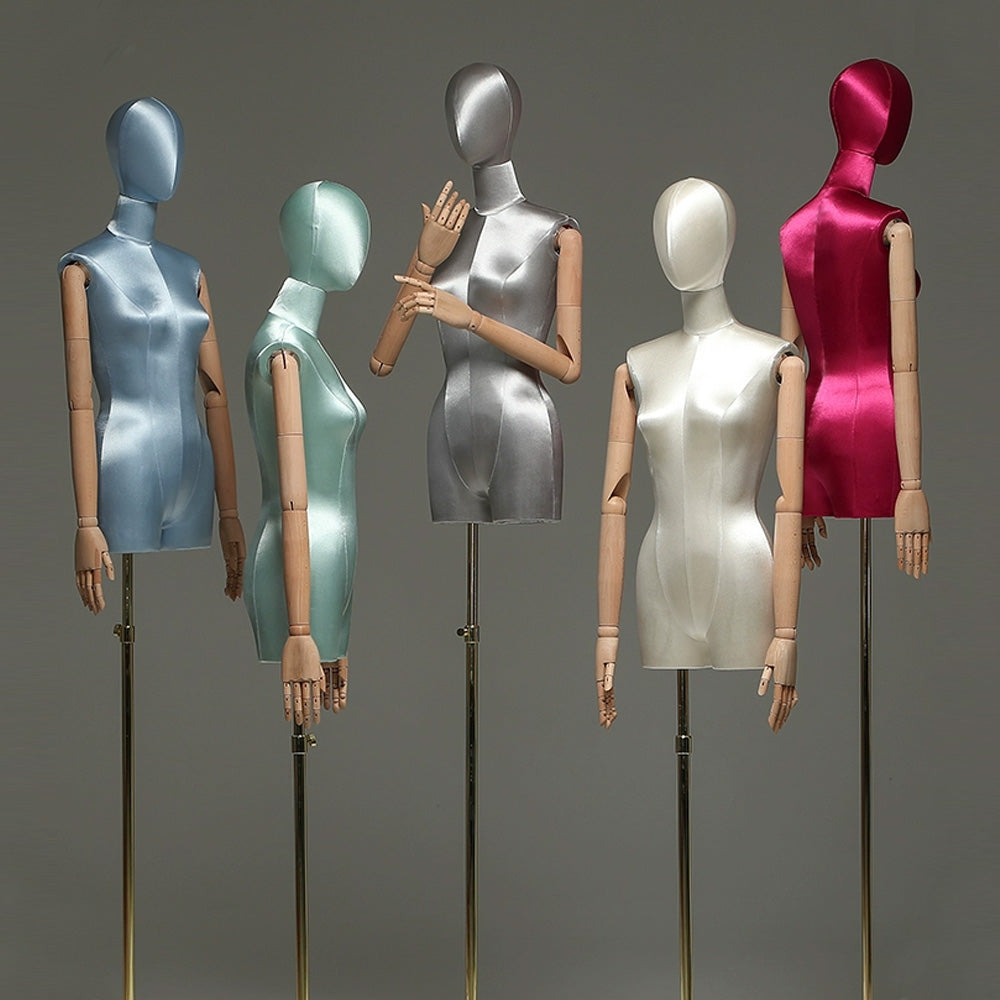 Jelimate Luxury Satin Half Body Female Mannequin Torso,Satin Dress Form Adjustable Women Clothing Display Model,Head Manikin Torso With Gold Arms